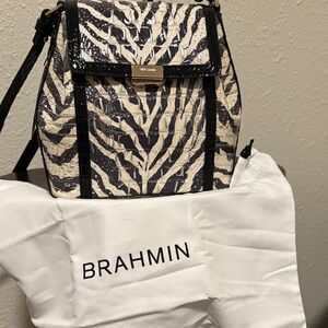 Brahmin Zebra Patterned Backpack in Black and Cream